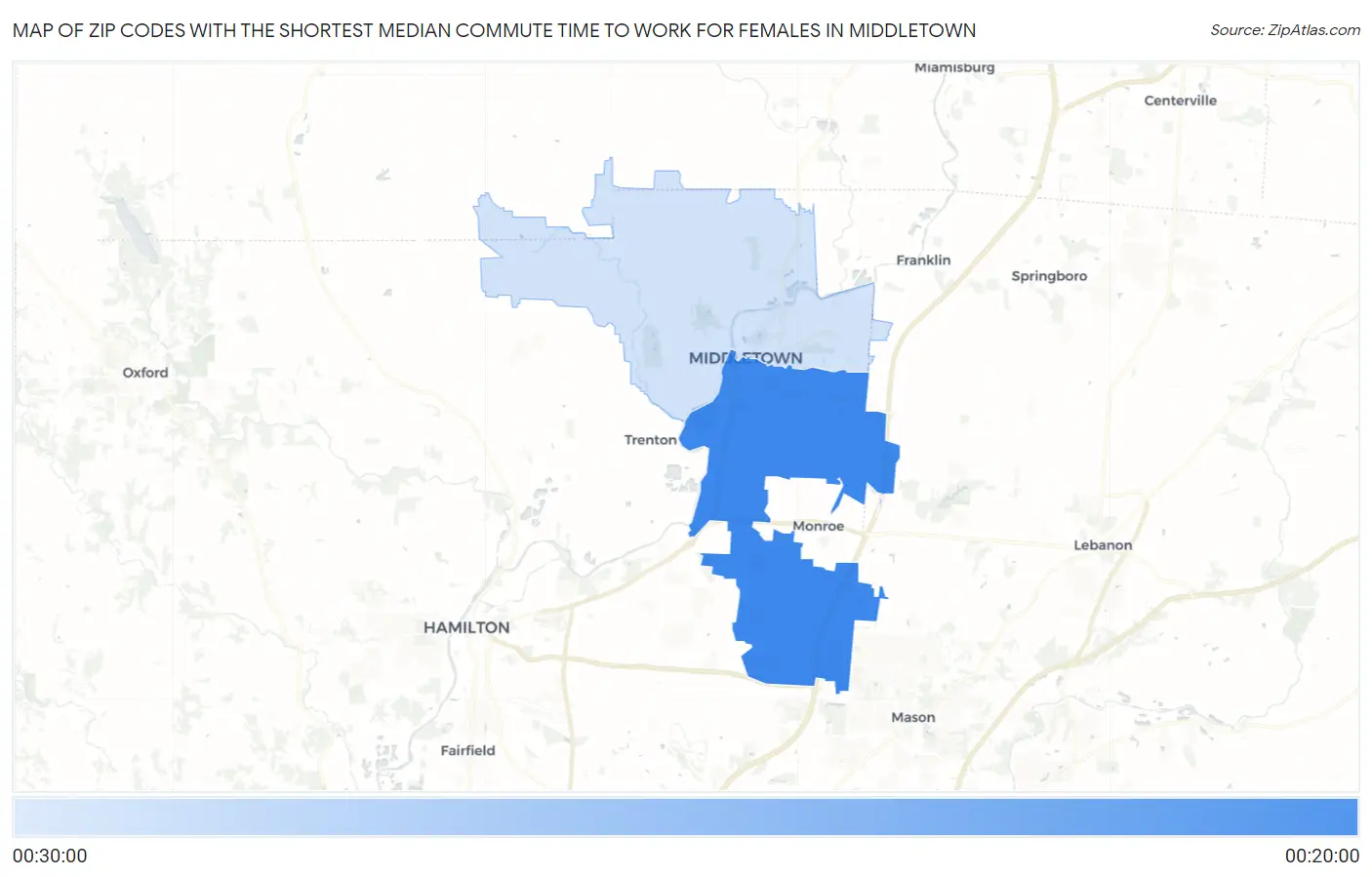 Zip Codes with the Shortest Median Commute Time to Work for Females in Middletown Map