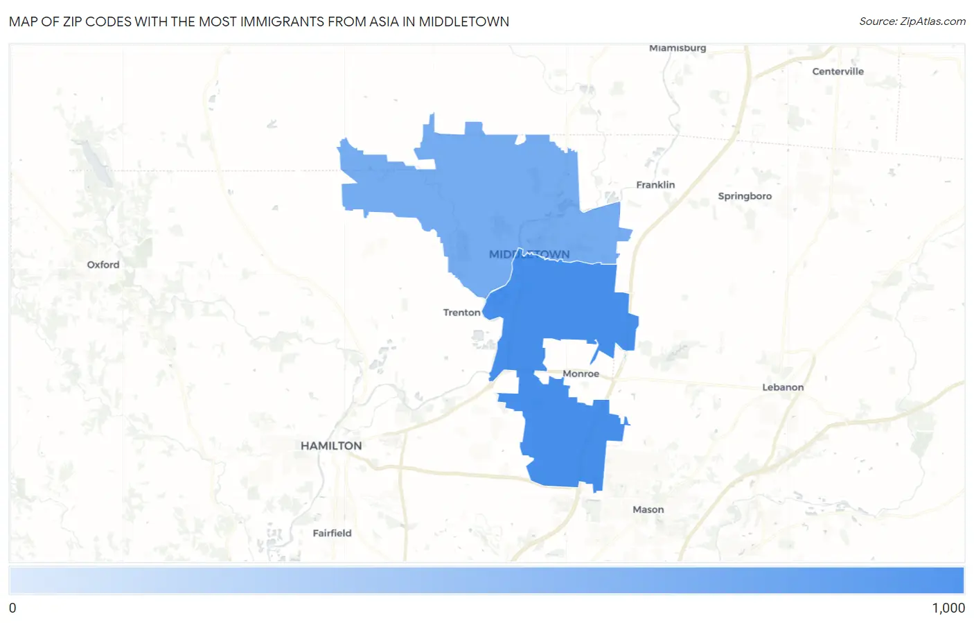 Zip Codes with the Most Immigrants from Asia in Middletown Map