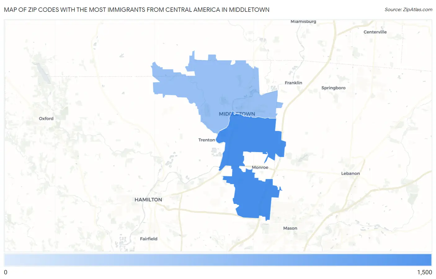 Zip Codes with the Most Immigrants from Central America in Middletown Map