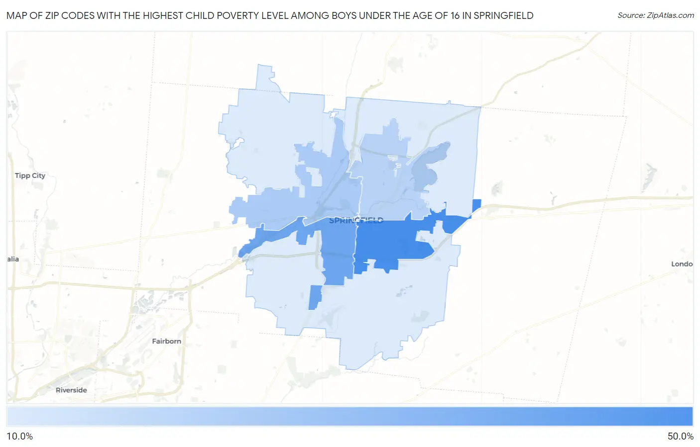 Zip Codes with the Highest Child Poverty Level Among Boys Under the Age of 16 in Springfield Map