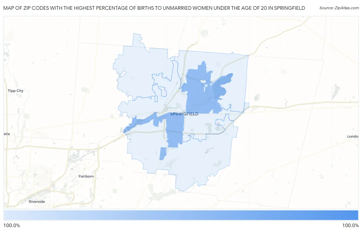 Zip Codes with the Highest Percentage of Births to Unmarried Women under the Age of 20 in Springfield Map