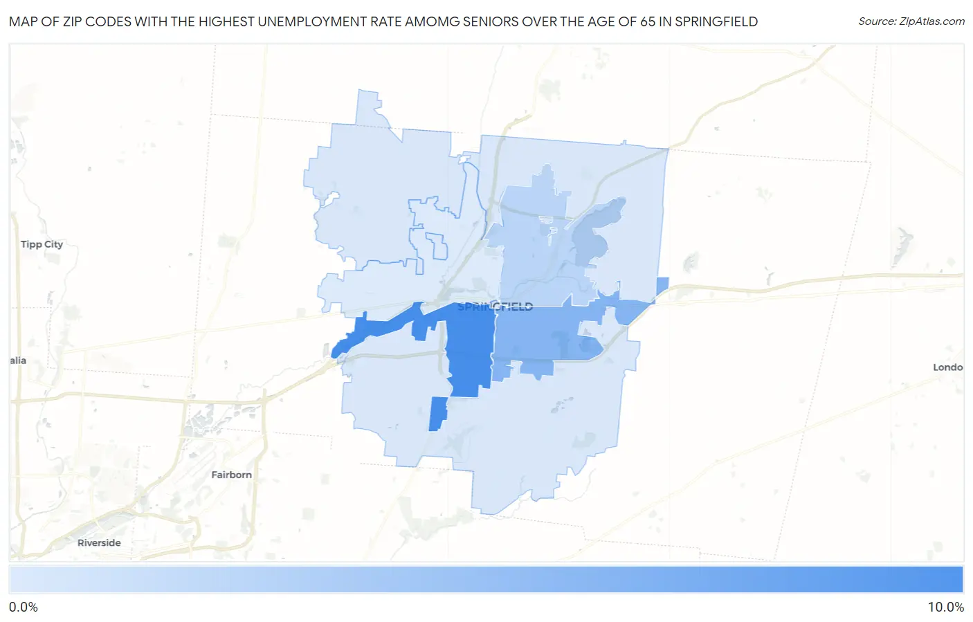 Zip Codes with the Highest Unemployment Rate Amomg Seniors Over the Age of 65 in Springfield Map