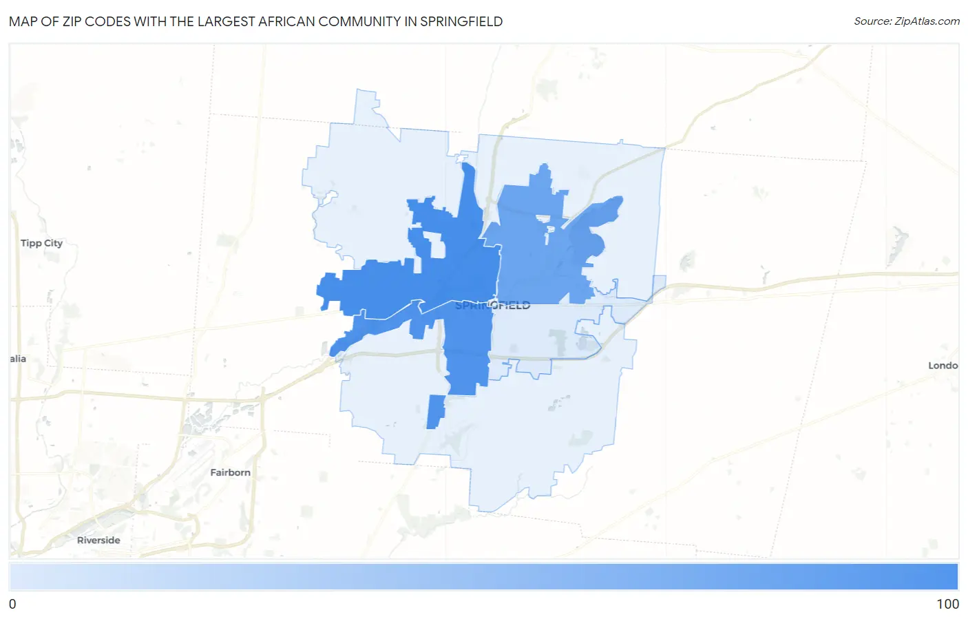 Zip Codes with the Largest African Community in Springfield Map