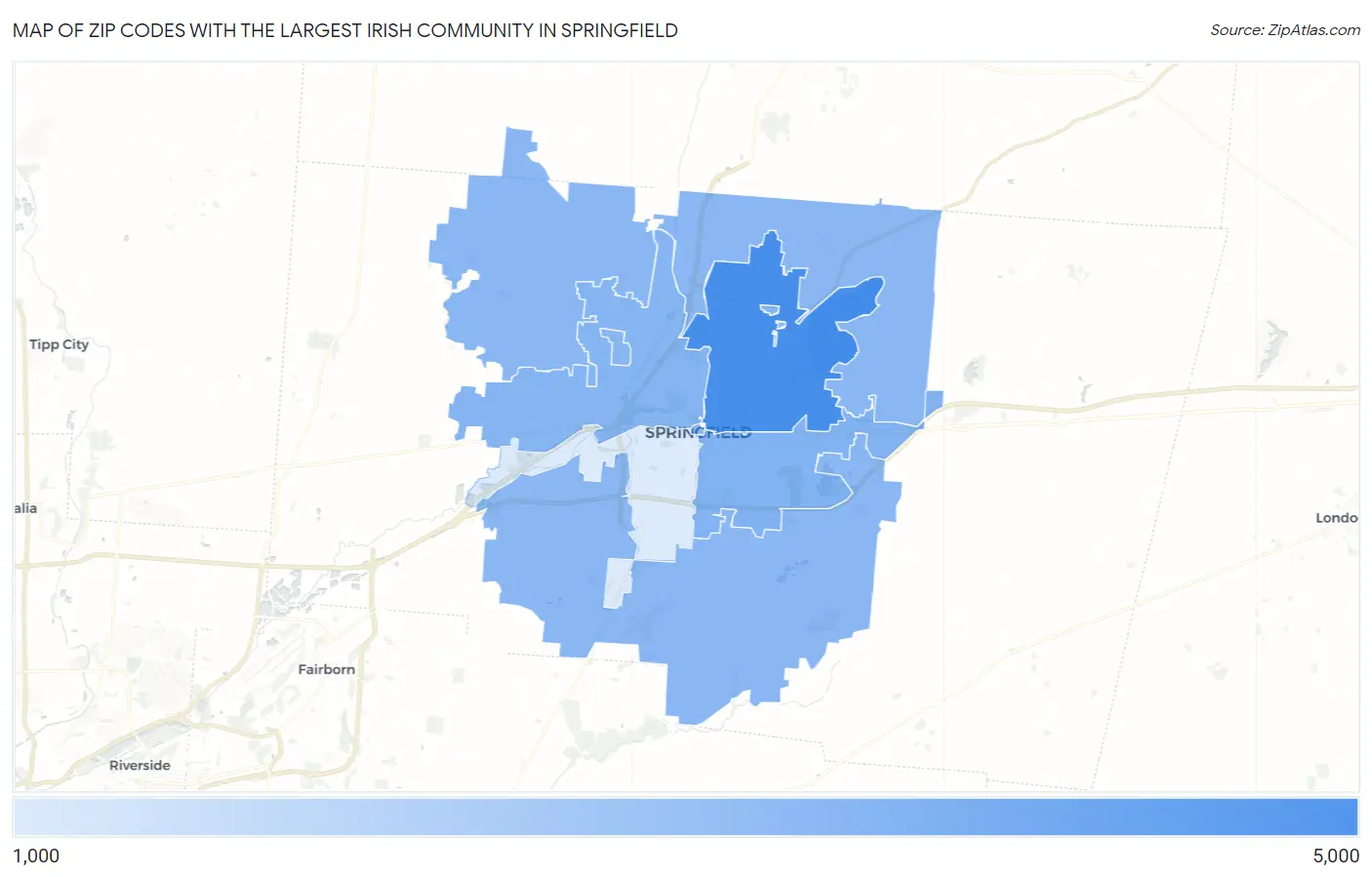 Zip Codes with the Largest Irish Community in Springfield Map