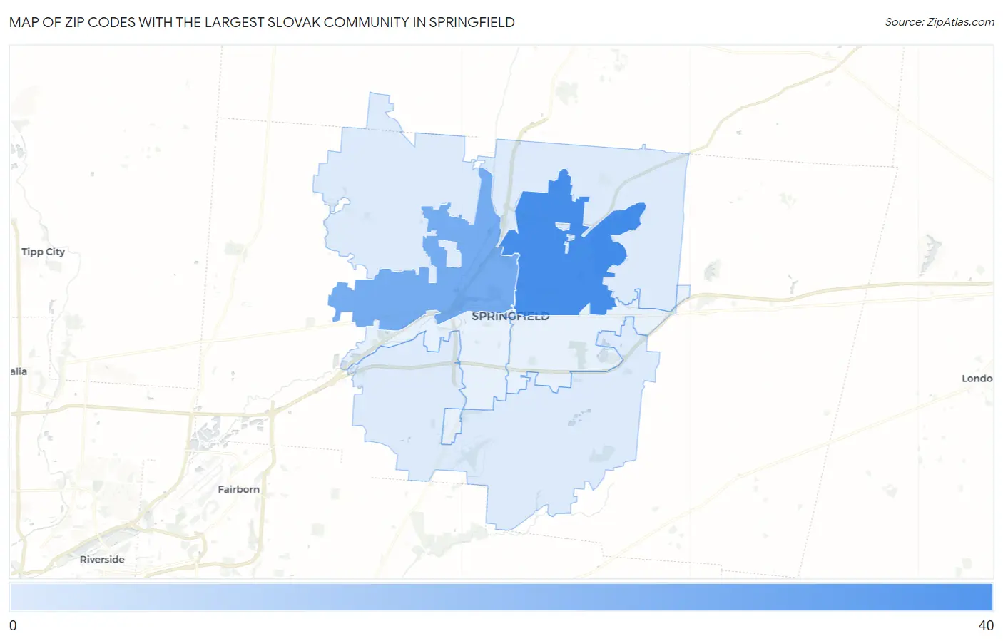 Zip Codes with the Largest Slovak Community in Springfield Map
