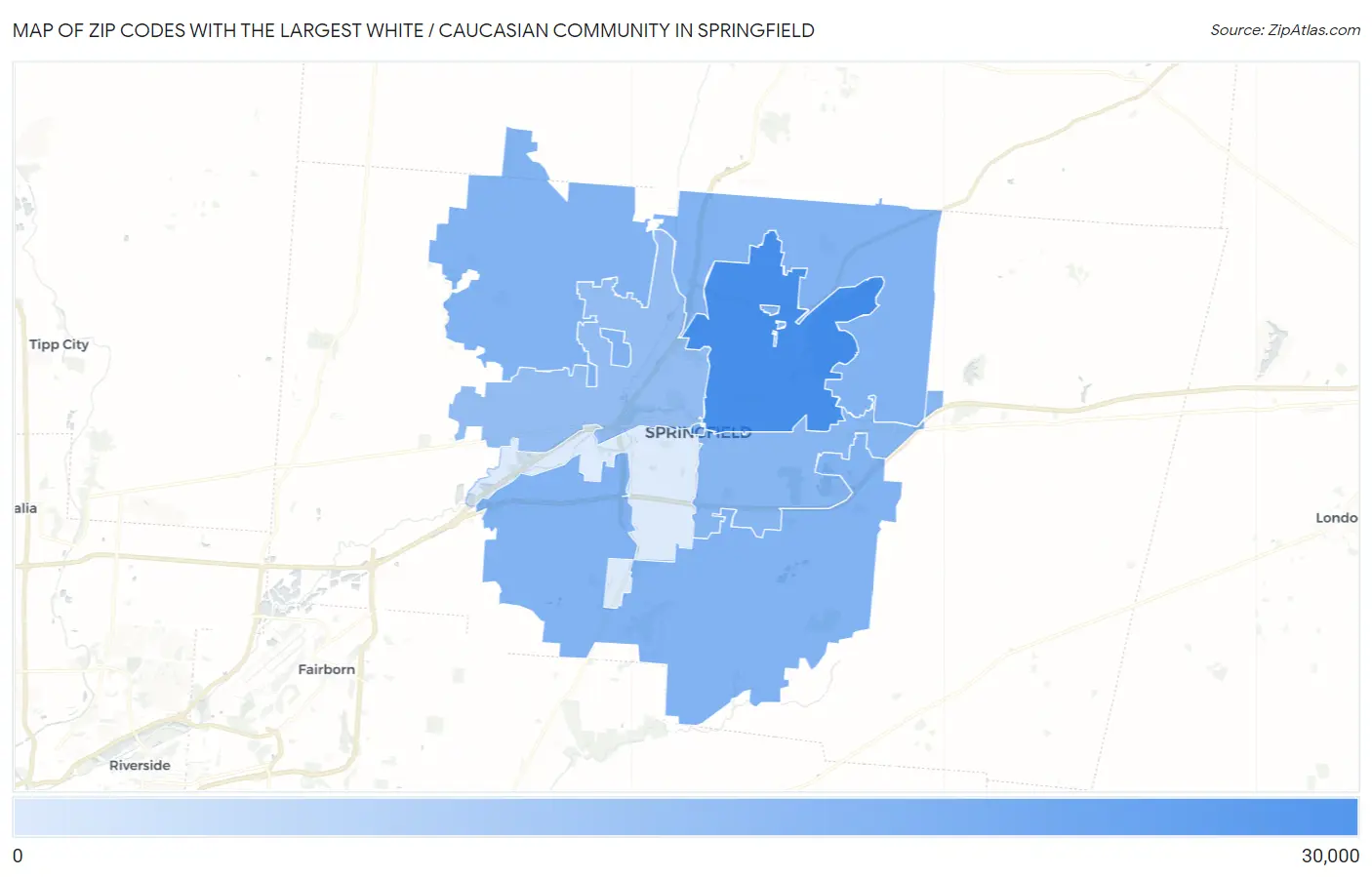 Zip Codes with the Largest White / Caucasian Community in Springfield Map