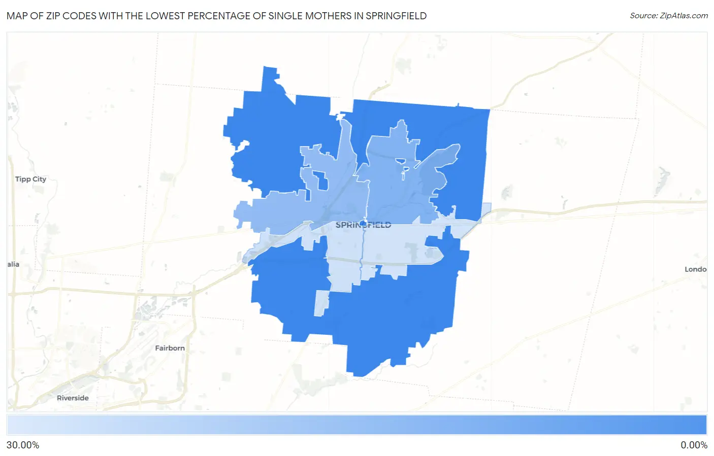 Zip Codes with the Lowest Percentage of Single Mothers in Springfield Map
