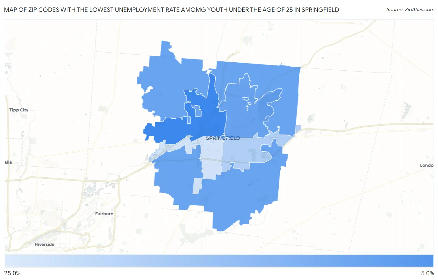 Zip Codes with the Lowest Unemployment Rate Amomg Youth Under the Age of 25 in Springfield Map