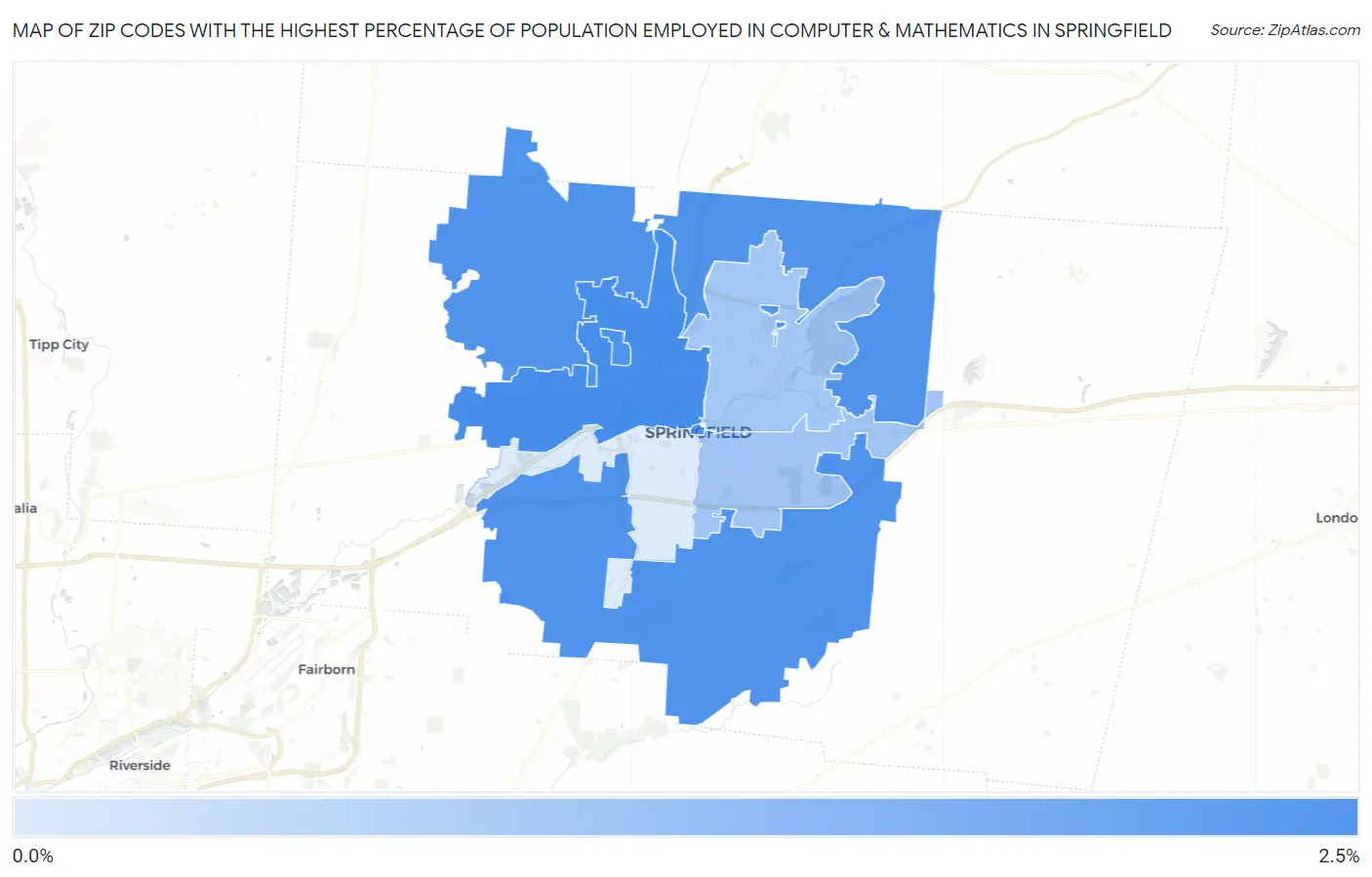 Zip Codes with the Highest Percentage of Population Employed in Computer & Mathematics in Springfield Map