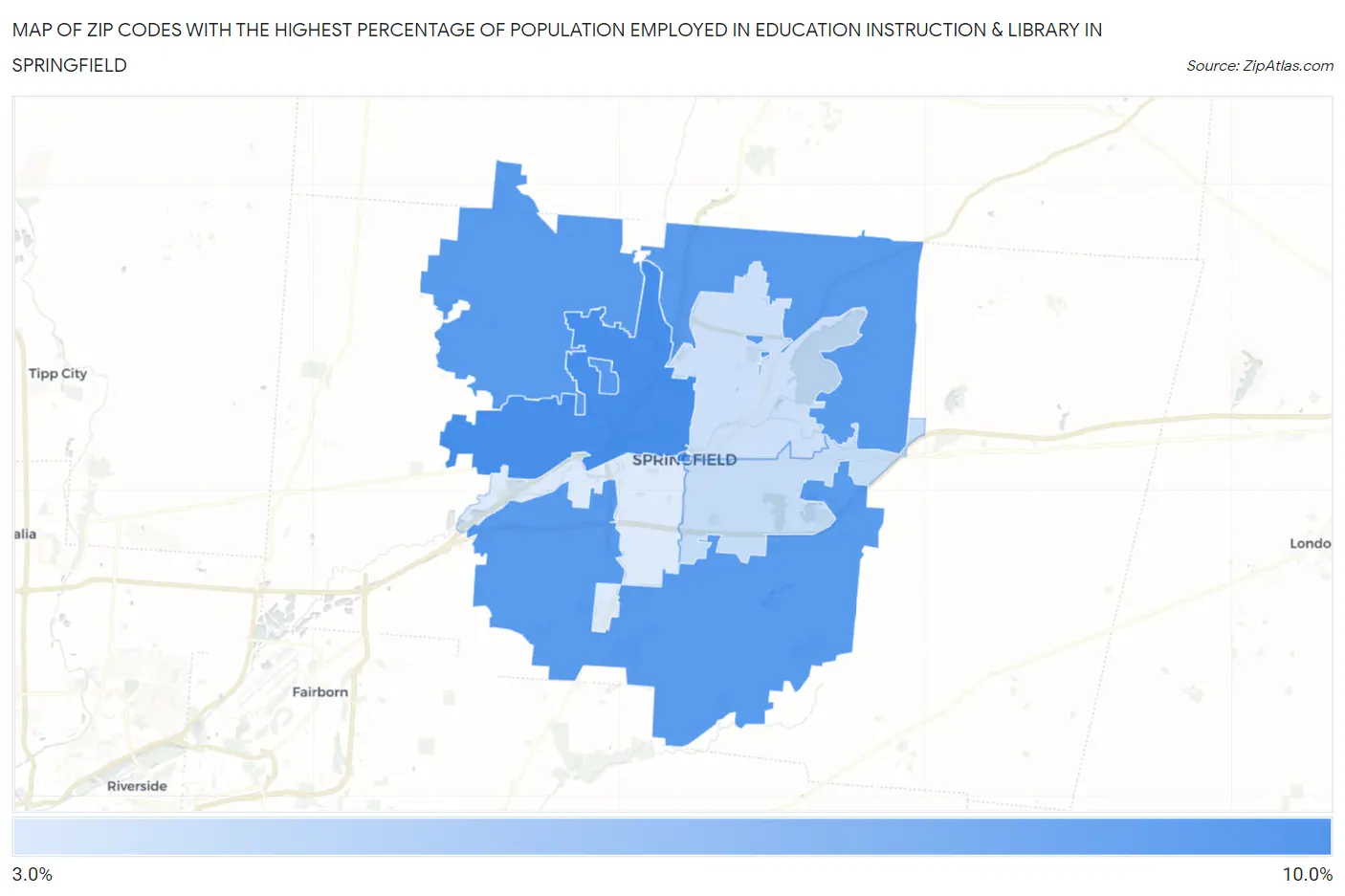 Zip Codes with the Highest Percentage of Population Employed in Education Instruction & Library in Springfield Map