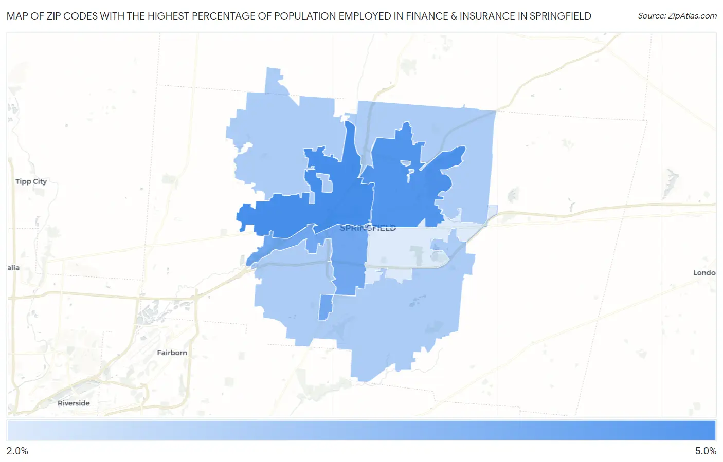Zip Codes with the Highest Percentage of Population Employed in Finance & Insurance in Springfield Map