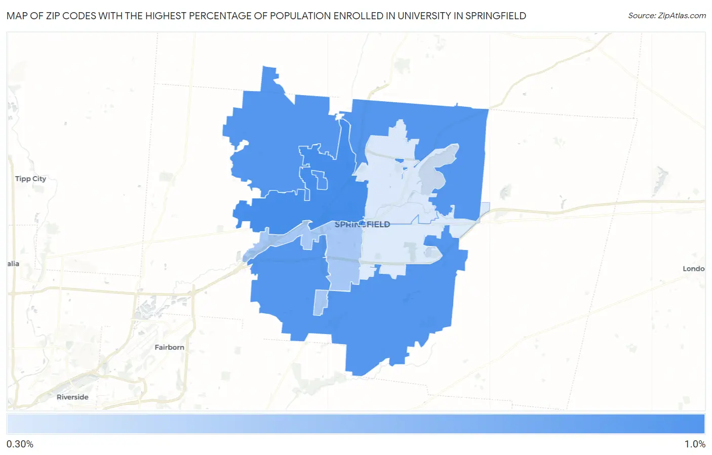 Zip Codes with the Highest Percentage of Population Enrolled in University in Springfield Map
