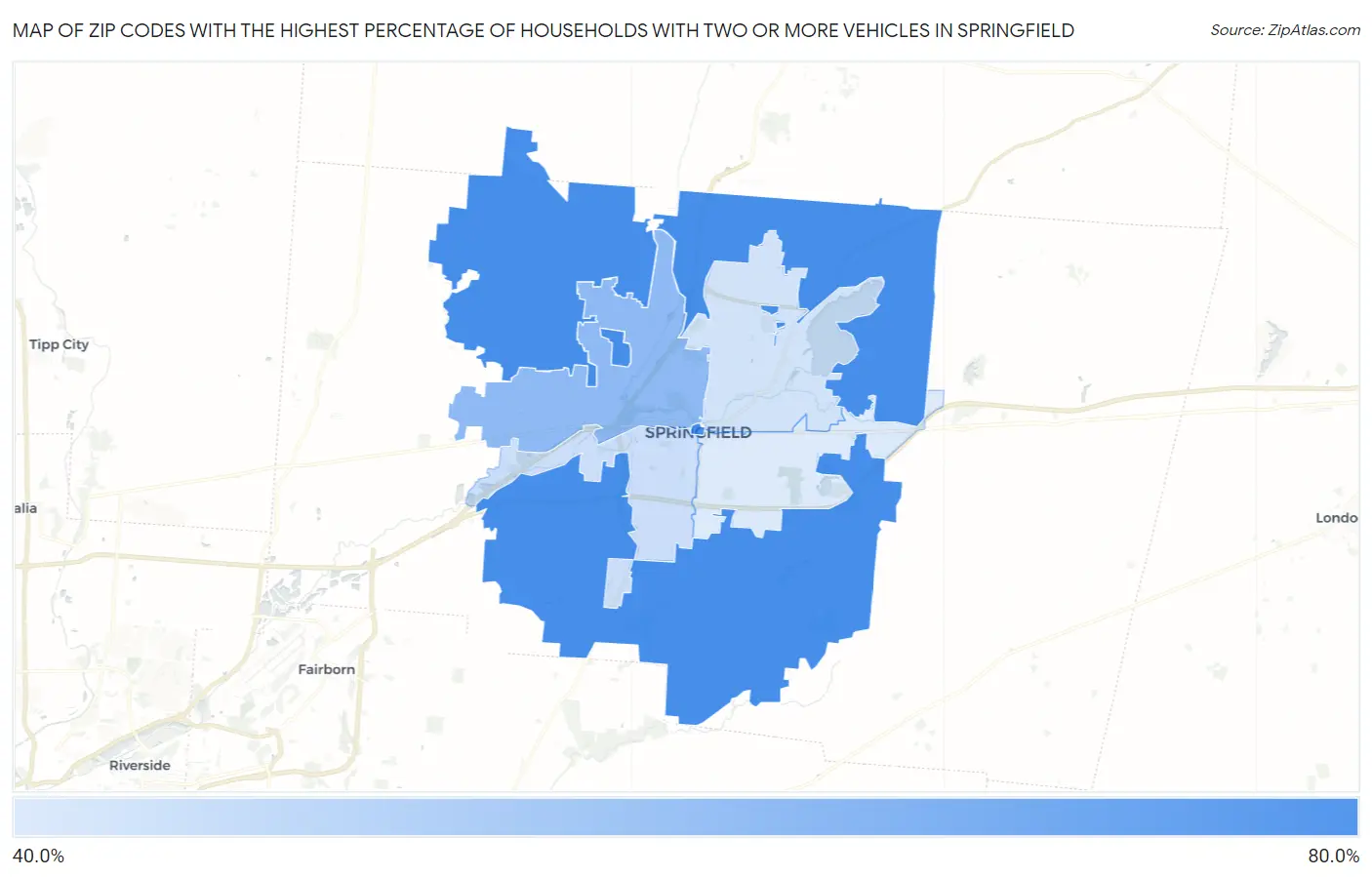 Zip Codes with the Highest Percentage of Households With Two or more Vehicles in Springfield Map
