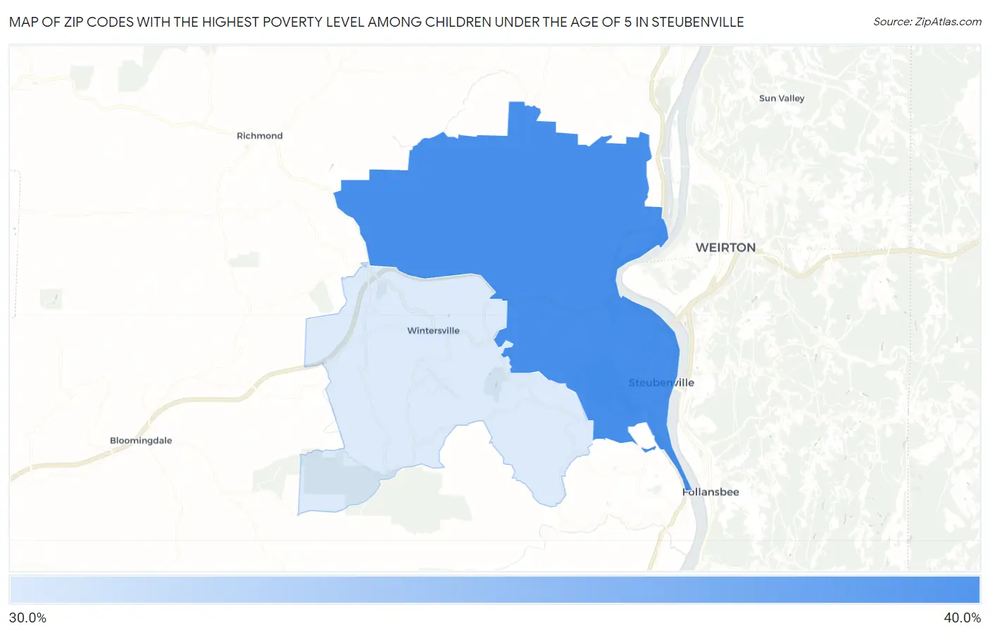 Zip Codes with the Highest Poverty Level Among Children Under the Age of 5 in Steubenville Map