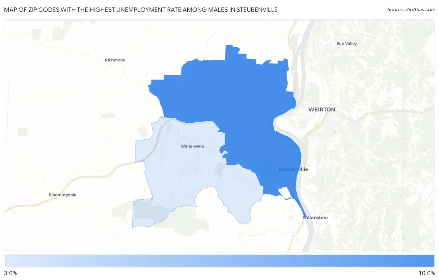 Zip Codes with the Highest Unemployment Rate Among Males in Steubenville Map