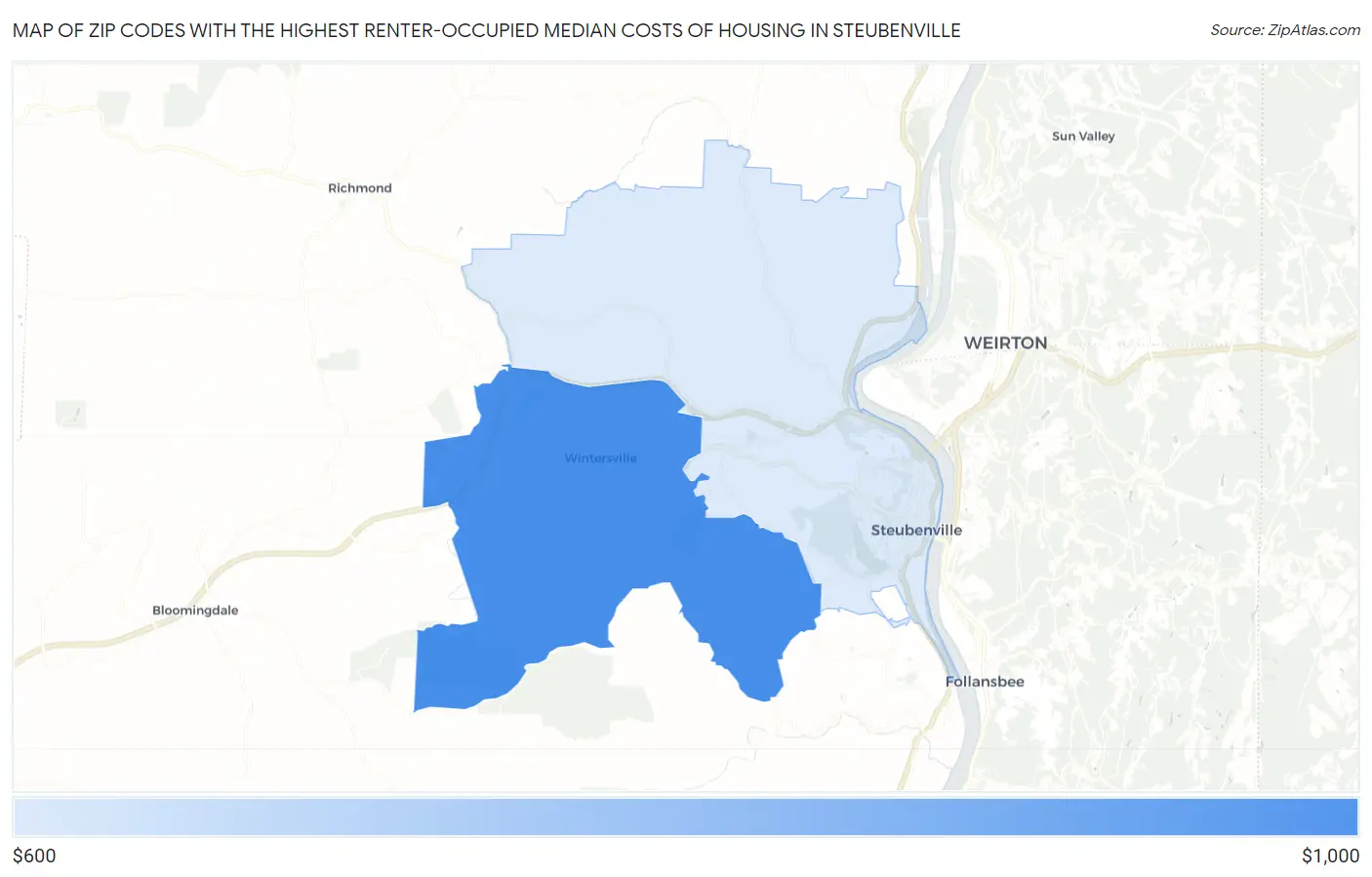 Zip Codes with the Highest Renter-Occupied Median Costs of Housing in Steubenville Map