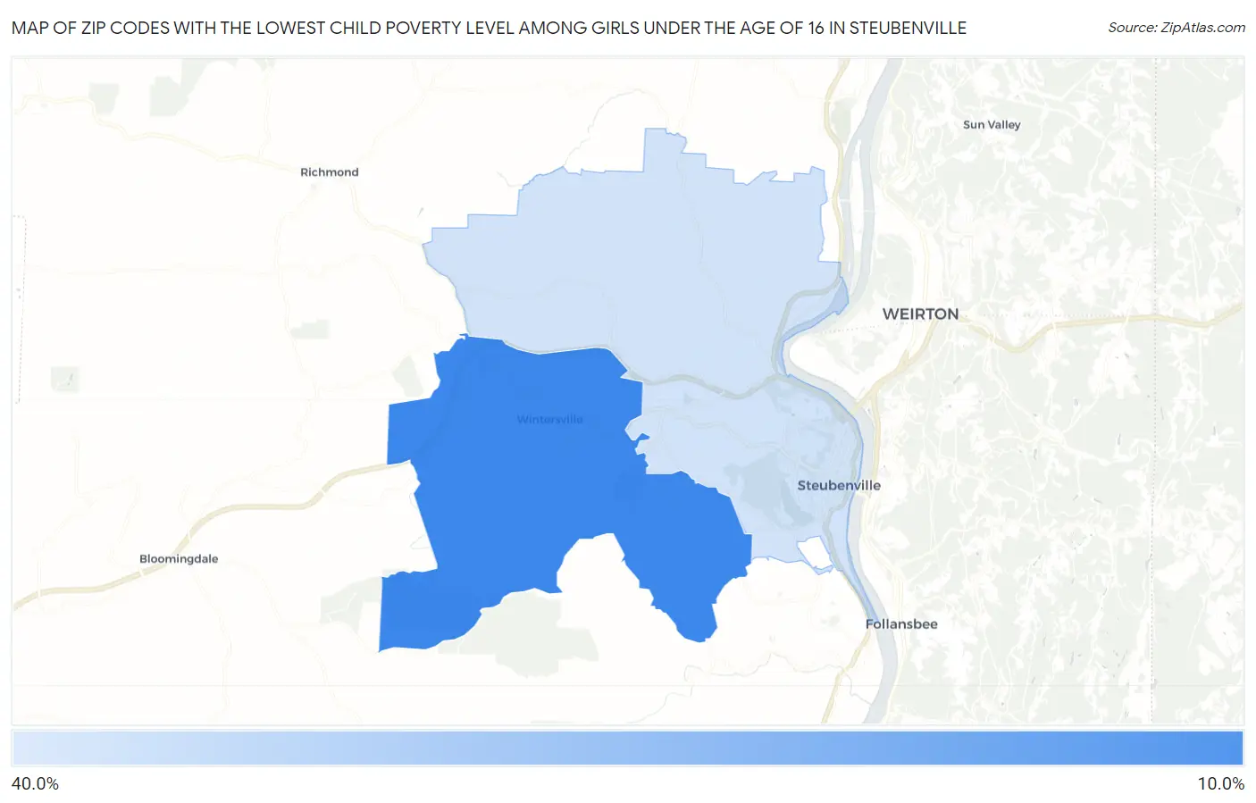 Zip Codes with the Lowest Child Poverty Level Among Girls Under the Age of 16 in Steubenville Map