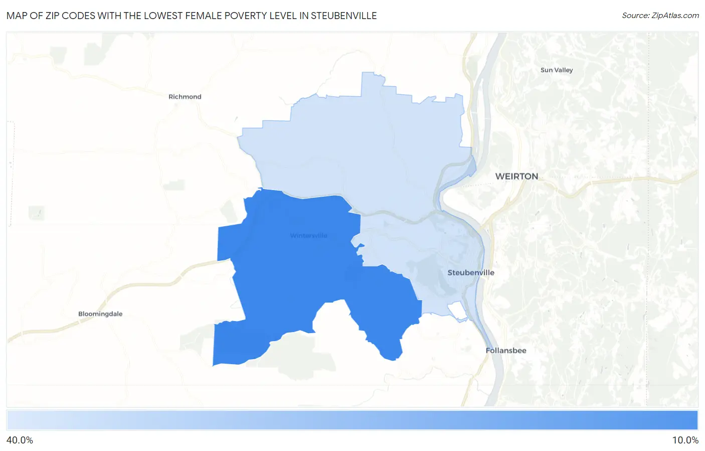 Zip Codes with the Lowest Female Poverty Level in Steubenville Map