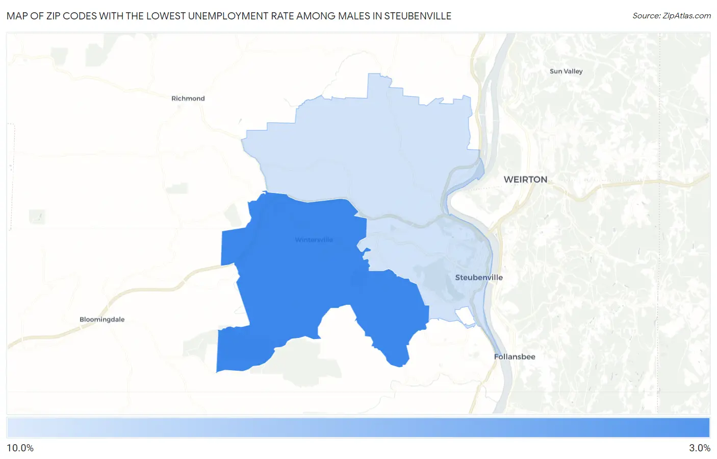 Zip Codes with the Lowest Unemployment Rate Among Males in Steubenville Map