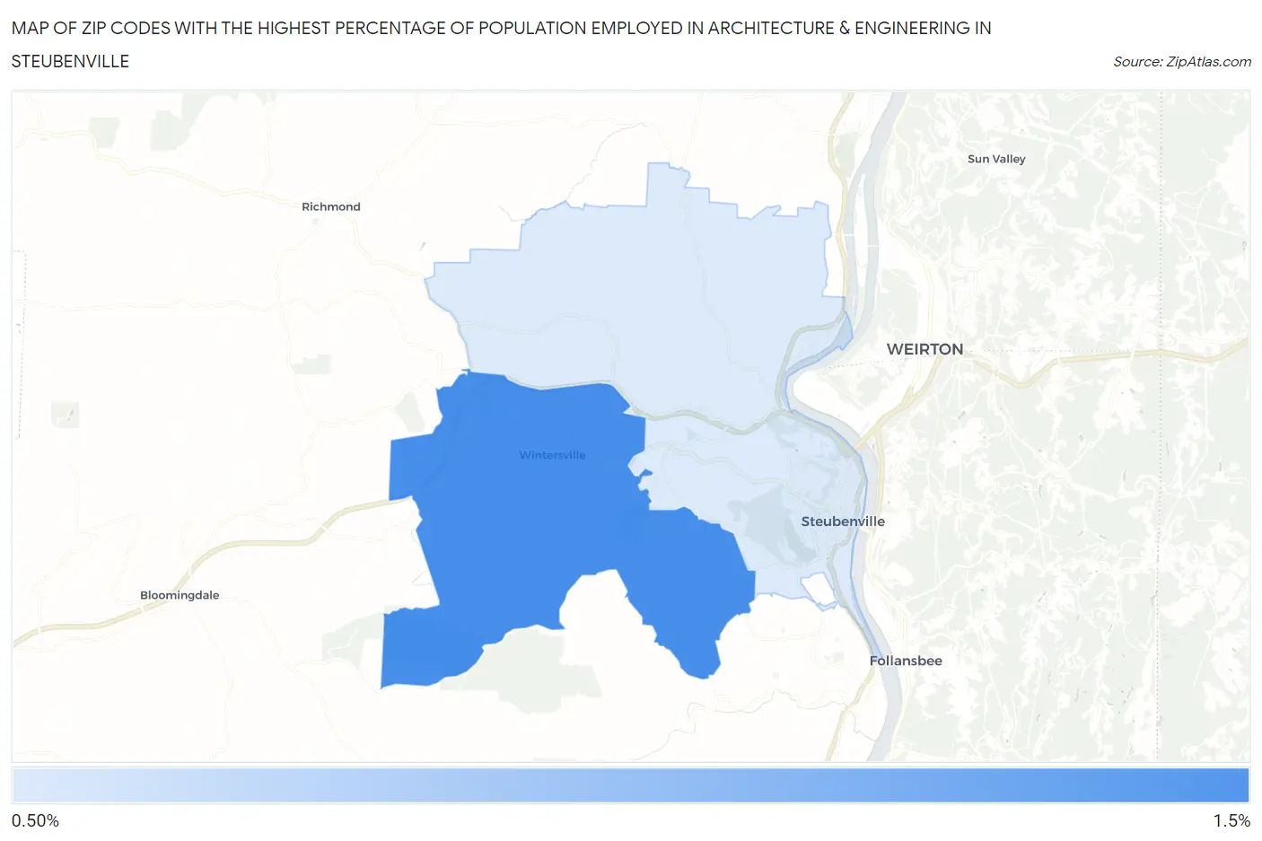 Zip Codes with the Highest Percentage of Population Employed in Architecture & Engineering in Steubenville Map