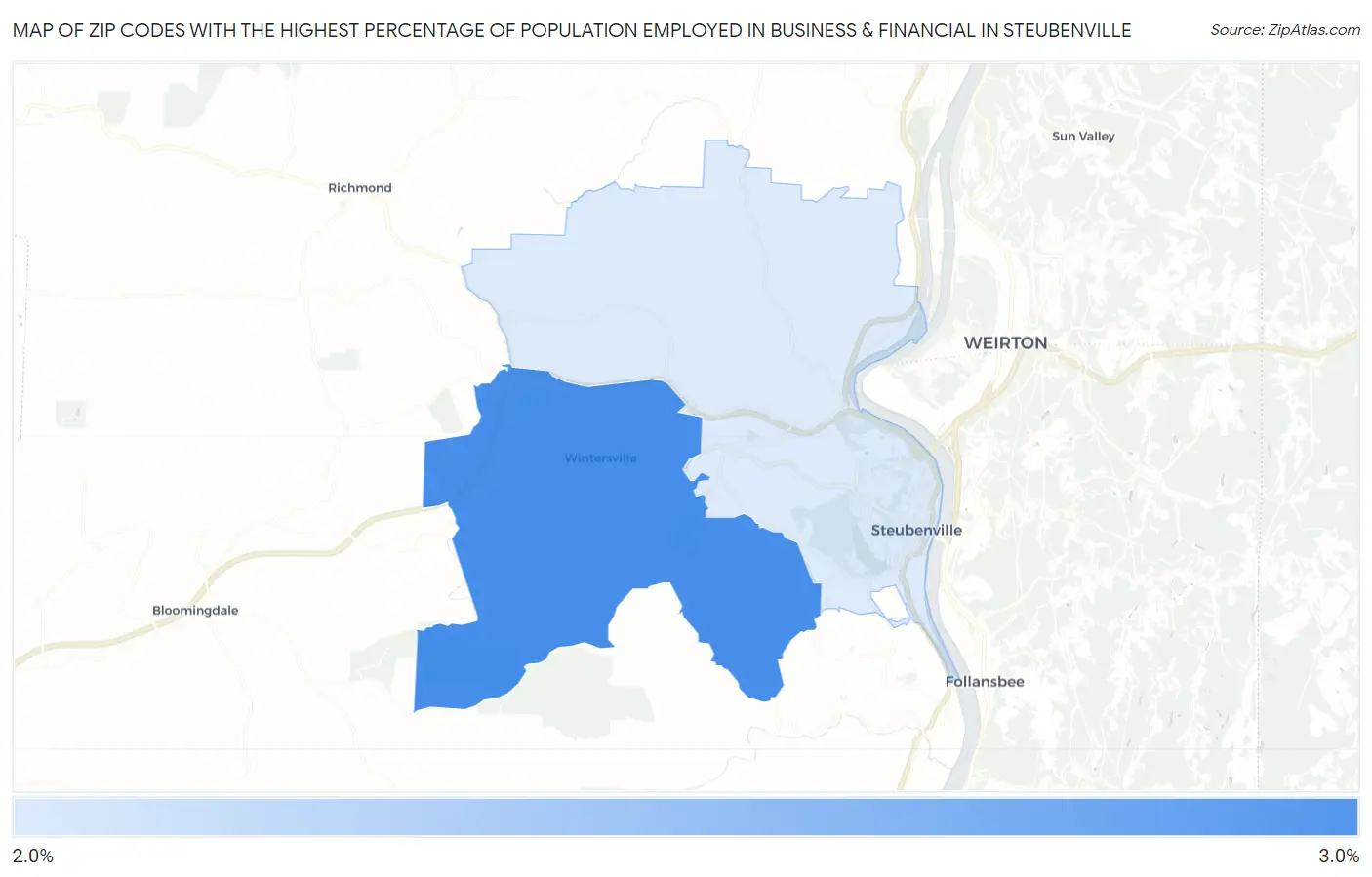 Zip Codes with the Highest Percentage of Population Employed in Business & Financial in Steubenville Map