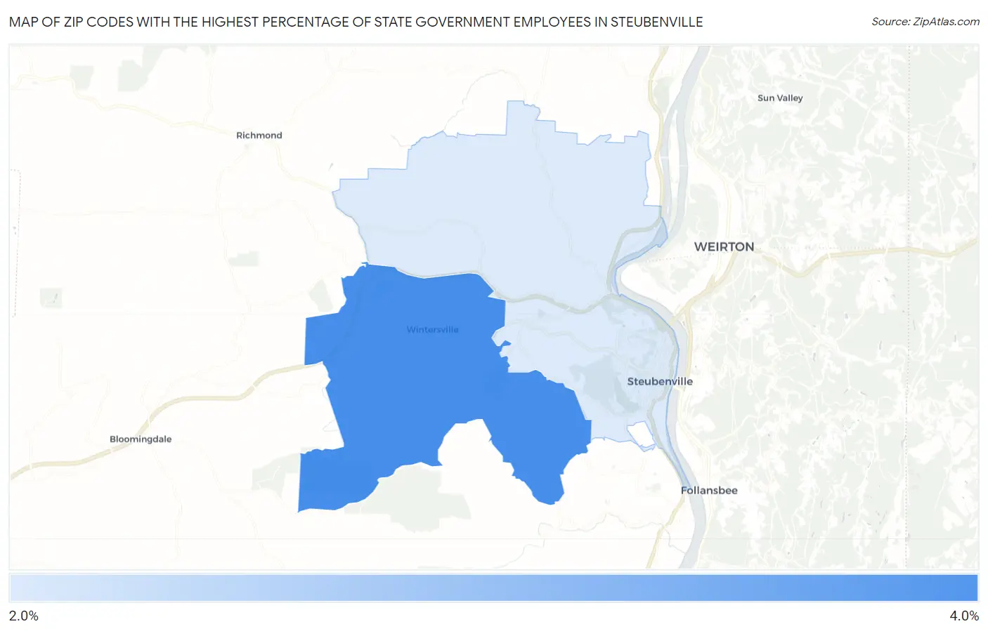 Zip Codes with the Highest Percentage of State Government Employees in Steubenville Map