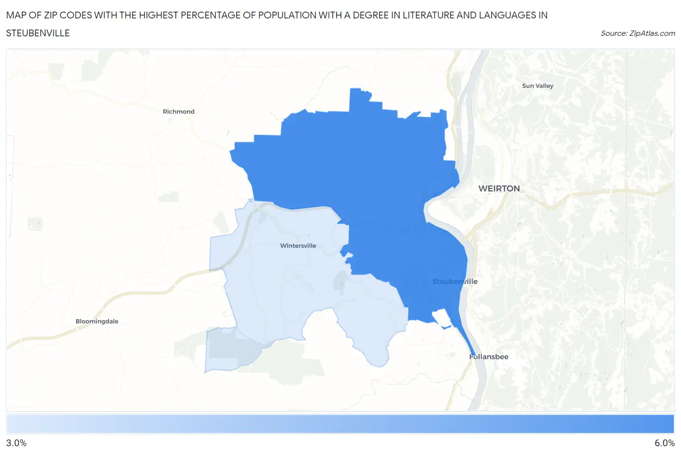 Zip Codes with the Highest Percentage of Population with a Degree in Literature and Languages in Steubenville Map