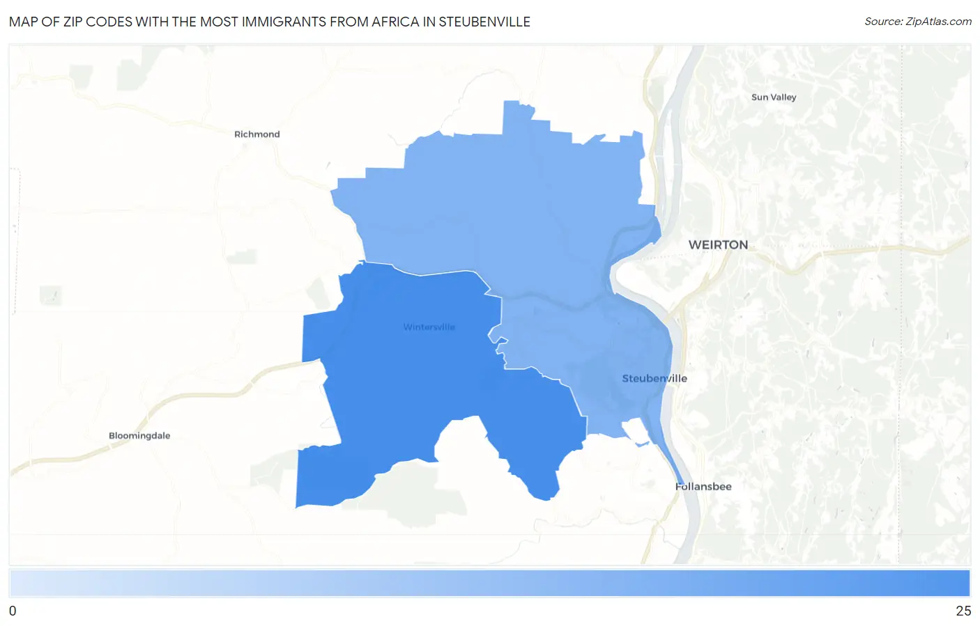 Zip Codes with the Most Immigrants from Africa in Steubenville Map