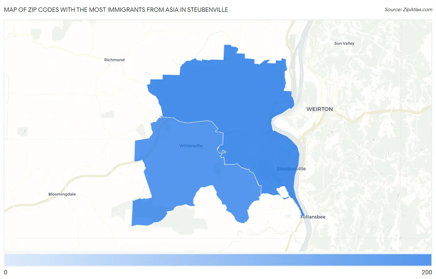 Zip Codes with the Most Immigrants from Asia in Steubenville Map