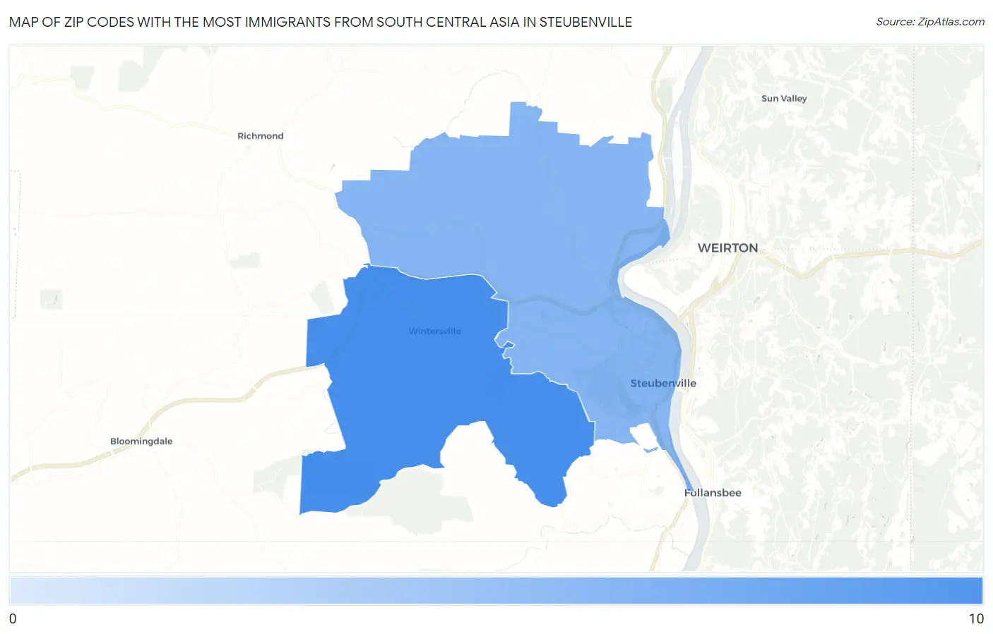 Zip Codes with the Most Immigrants from South Central Asia in Steubenville Map