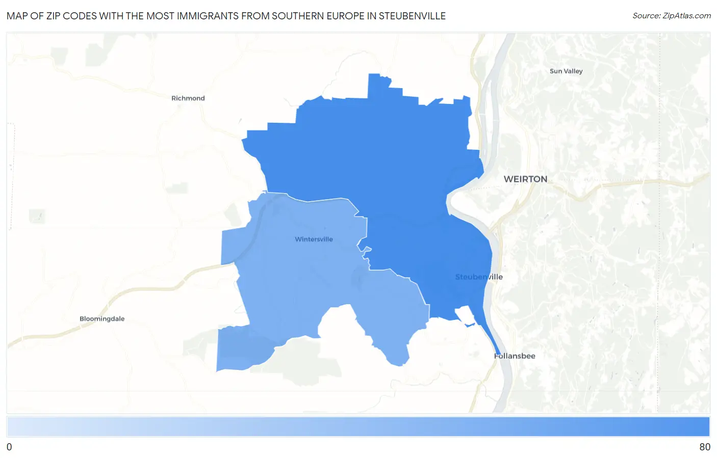 Zip Codes with the Most Immigrants from Southern Europe in Steubenville Map