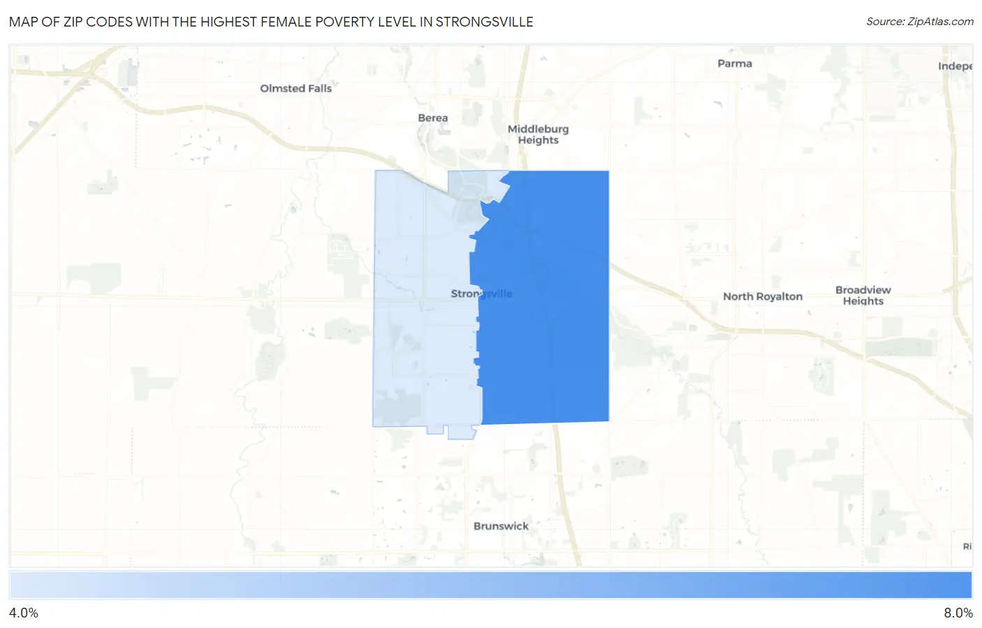 Zip Codes with the Highest Female Poverty Level in Strongsville Map