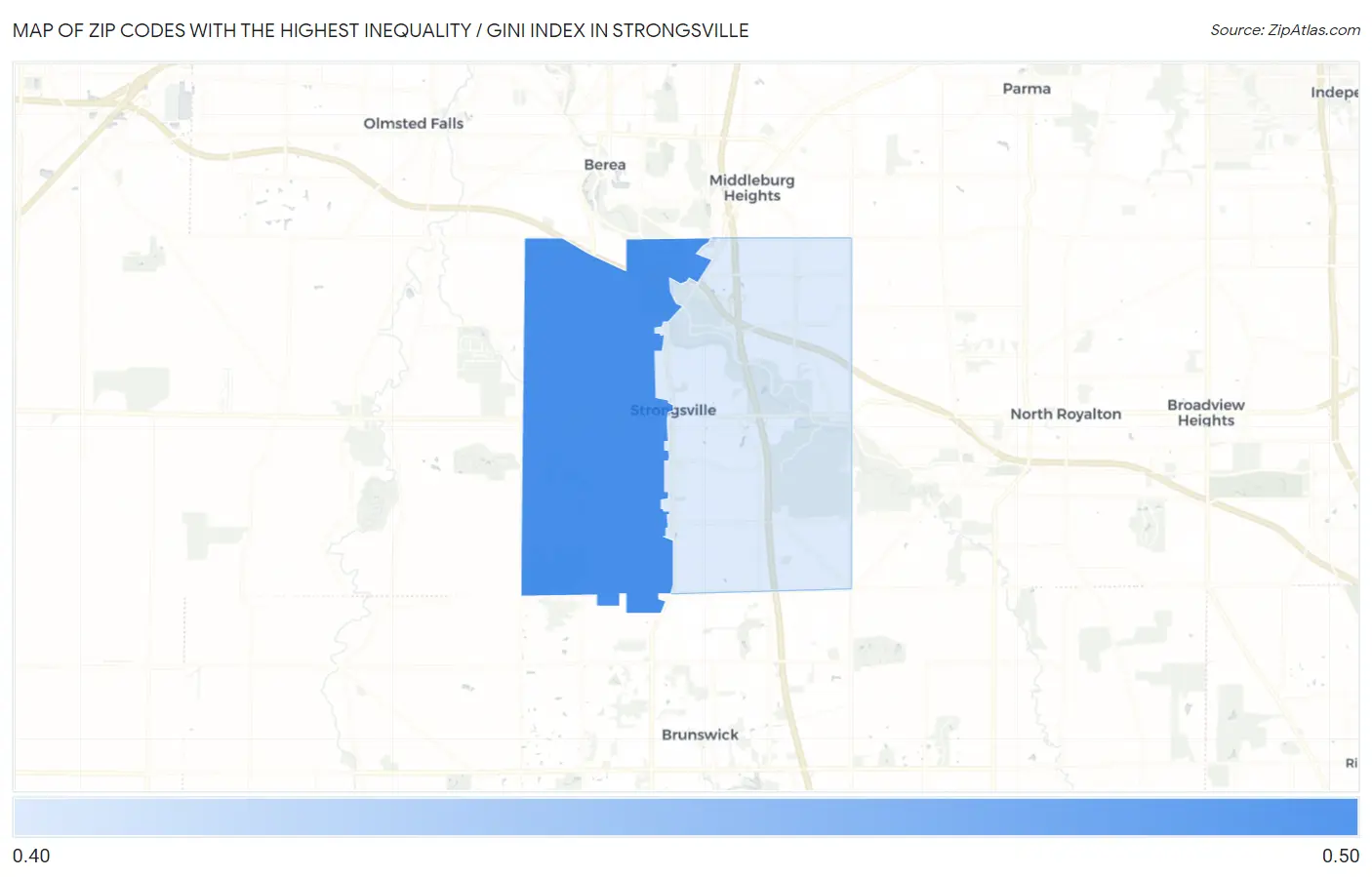 Zip Codes with the Highest Inequality / Gini Index in Strongsville Map