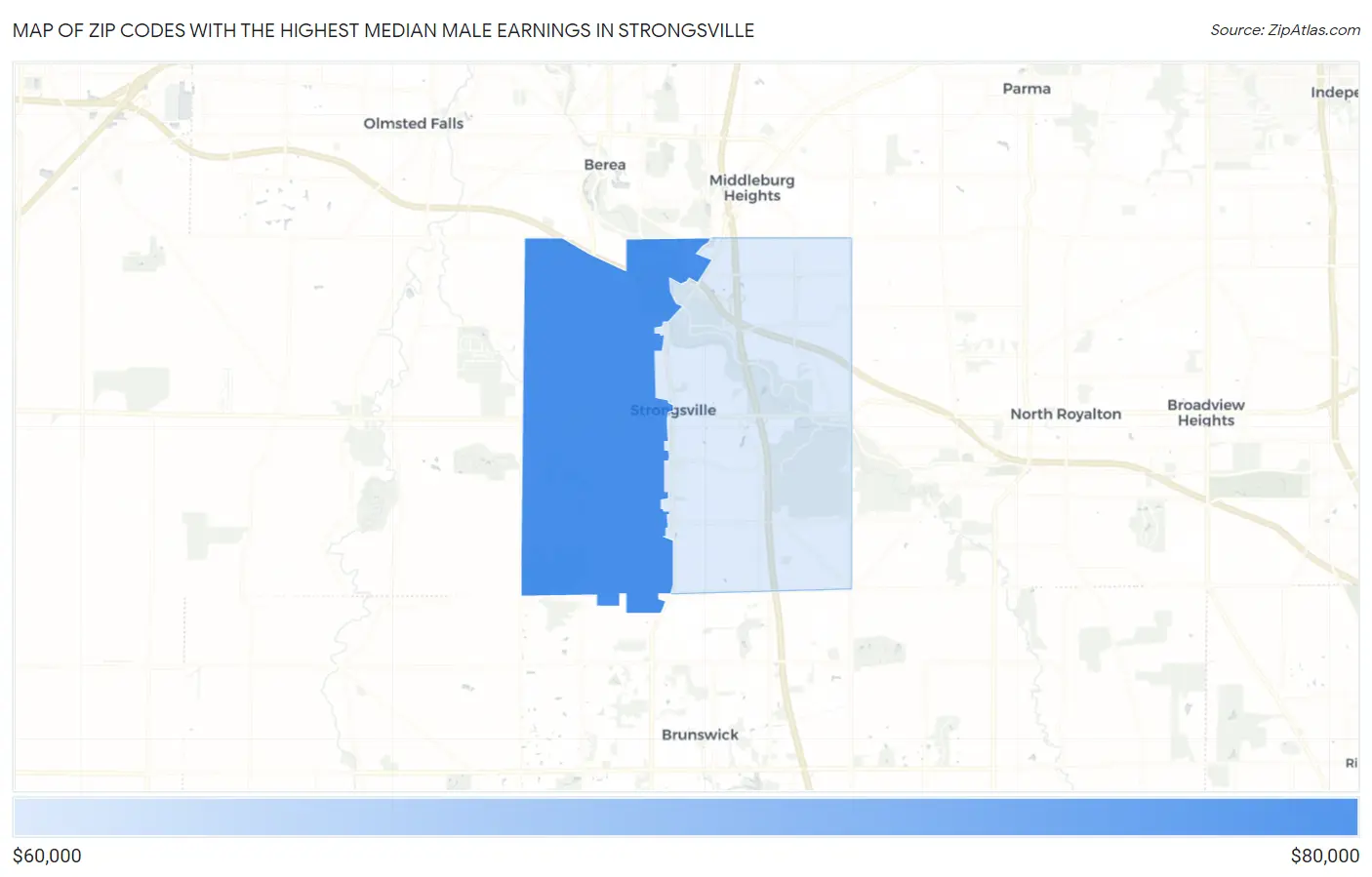 Zip Codes with the Highest Median Male Earnings in Strongsville Map