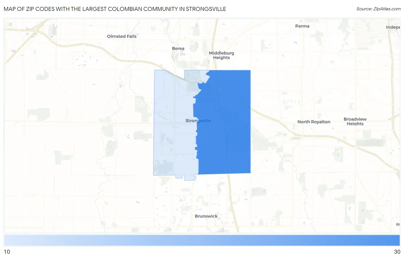 Zip Codes with the Largest Colombian Community in Strongsville Map