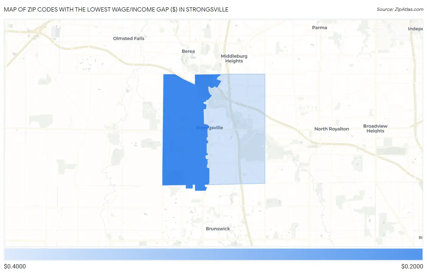Zip Codes with the Lowest Wage/Income Gap ($) in Strongsville Map