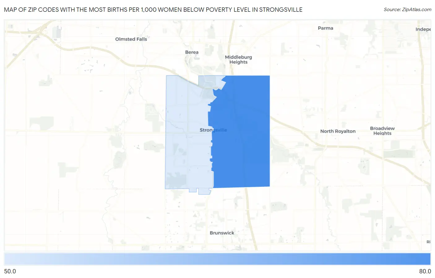 Zip Codes with the Most Births per 1,000 Women Below Poverty Level in Strongsville Map