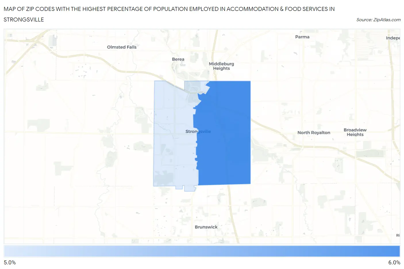 Zip Codes with the Highest Percentage of Population Employed in Accommodation & Food Services in Strongsville Map