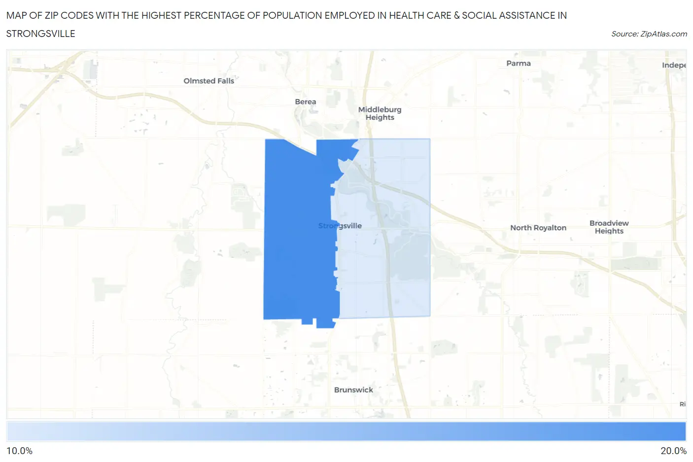 Zip Codes with the Highest Percentage of Population Employed in Health Care & Social Assistance in Strongsville Map