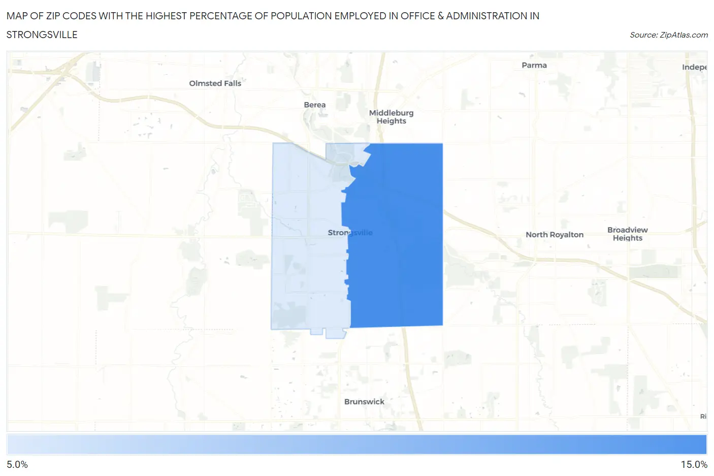 Zip Codes with the Highest Percentage of Population Employed in Office & Administration in Strongsville Map