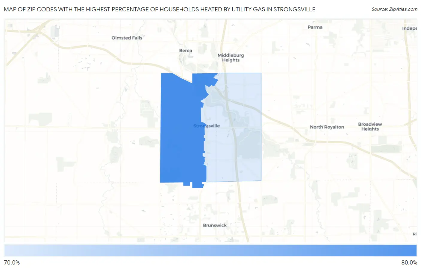 Zip Codes with the Highest Percentage of Households Heated by Utility Gas in Strongsville Map
