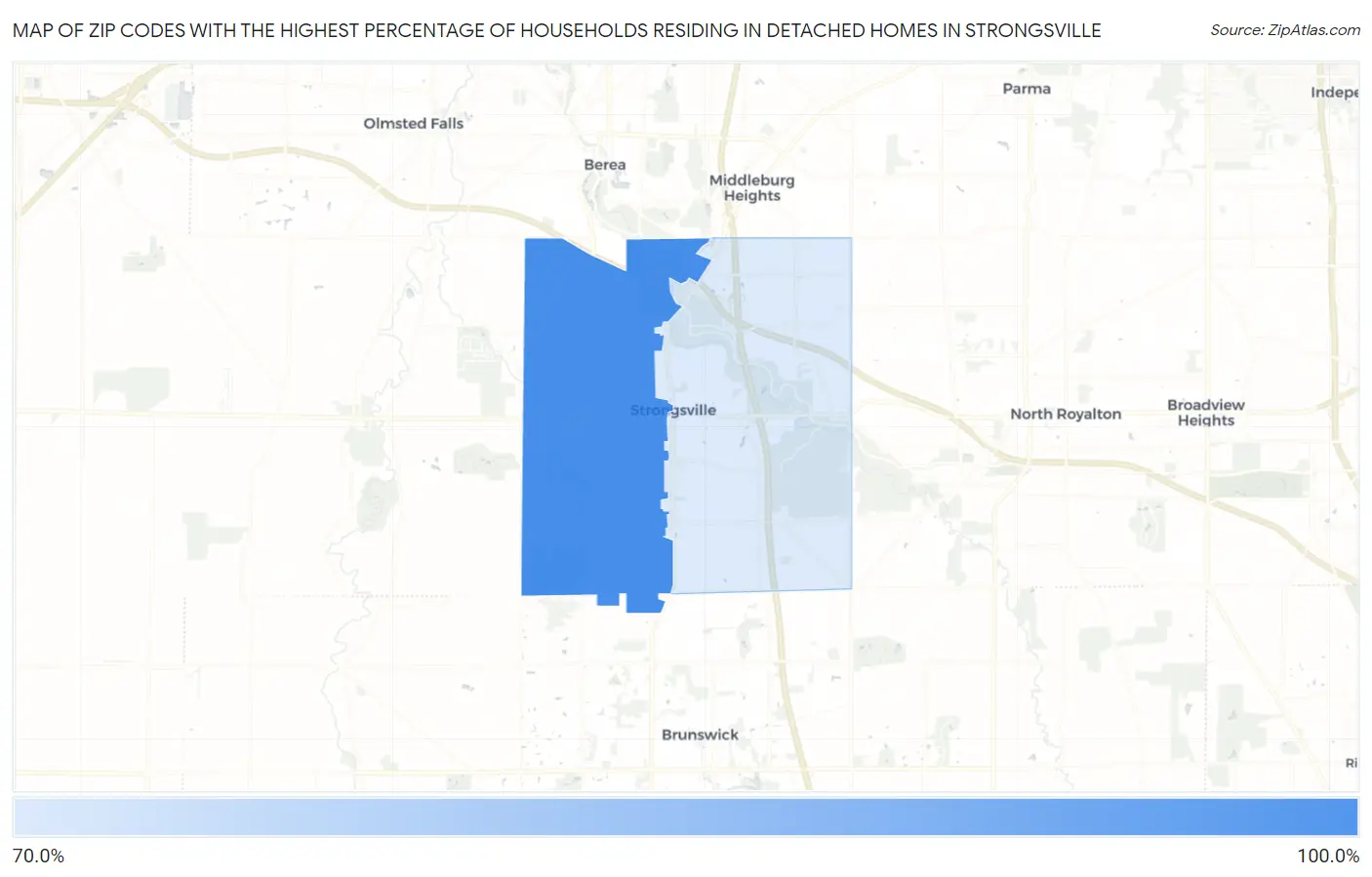 Zip Codes with the Highest Percentage of Households Residing in Detached Homes in Strongsville Map