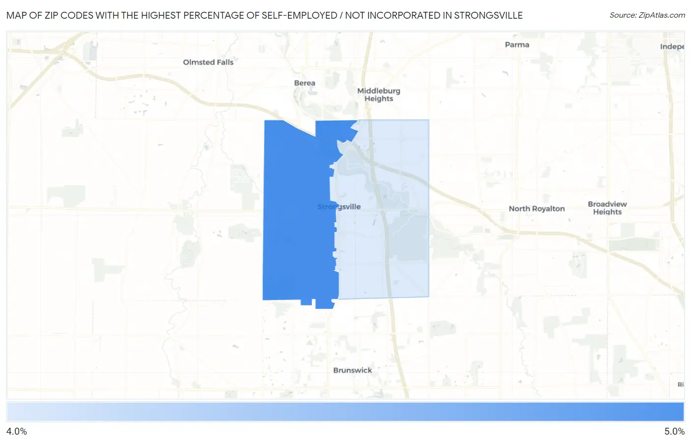 Zip Codes with the Highest Percentage of Self-Employed / Not Incorporated in Strongsville Map