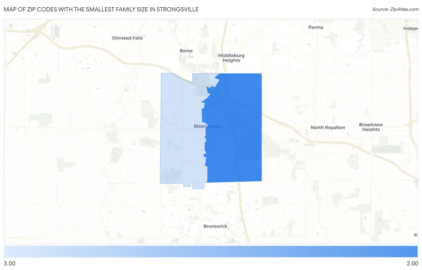 Zip Codes with the Smallest Family Size in Strongsville Map