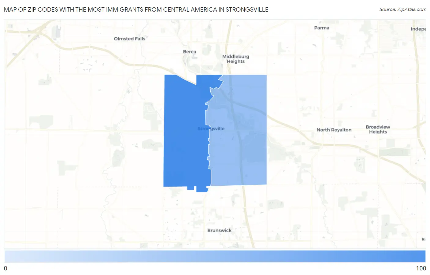 Zip Codes with the Most Immigrants from Central America in Strongsville Map