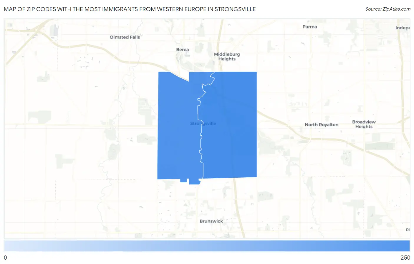 Zip Codes with the Most Immigrants from Western Europe in Strongsville Map