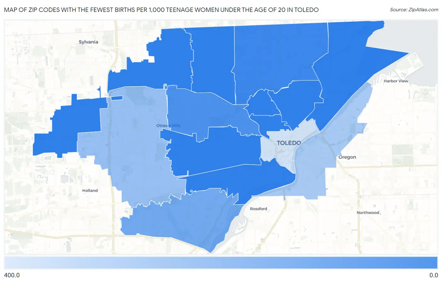 Zip Codes with the Fewest Births per 1,000 Teenage Women Under the Age of 20 in Toledo Map