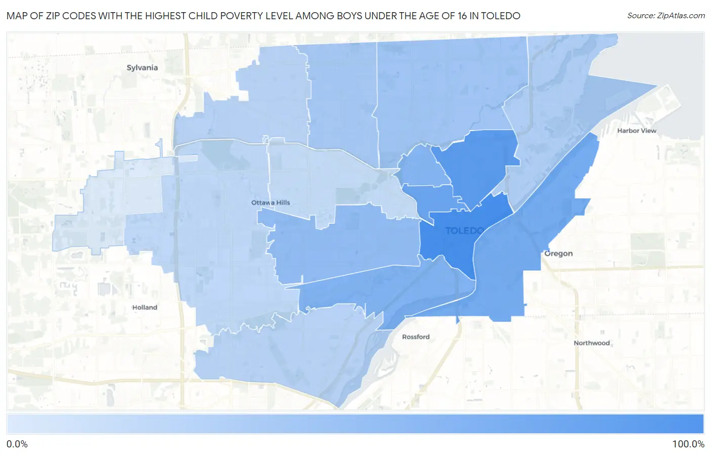 Zip Codes with the Highest Child Poverty Level Among Boys Under the Age of 16 in Toledo Map
