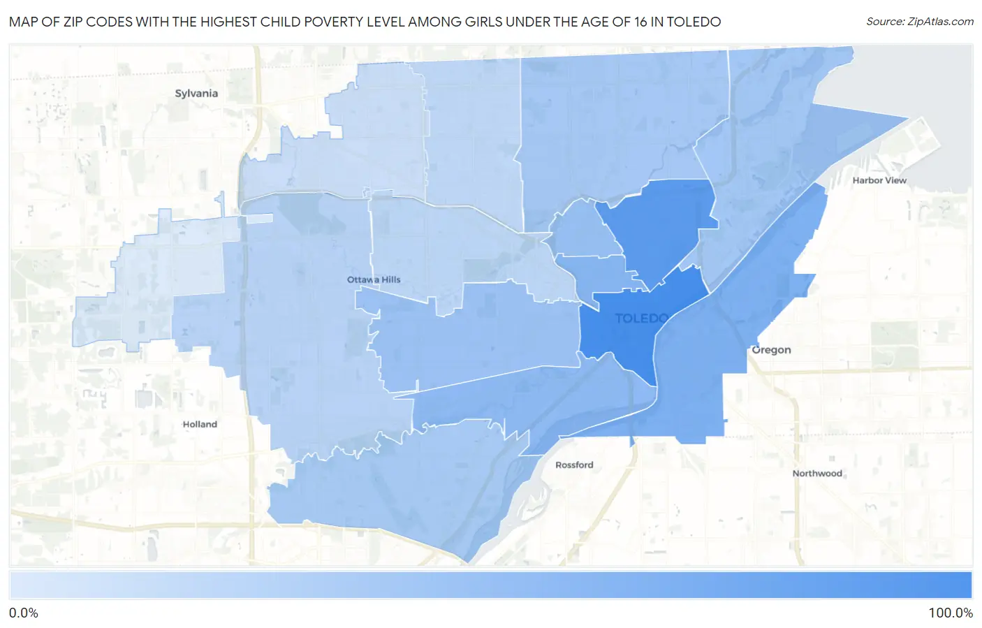Zip Codes with the Highest Child Poverty Level Among Girls Under the Age of 16 in Toledo Map