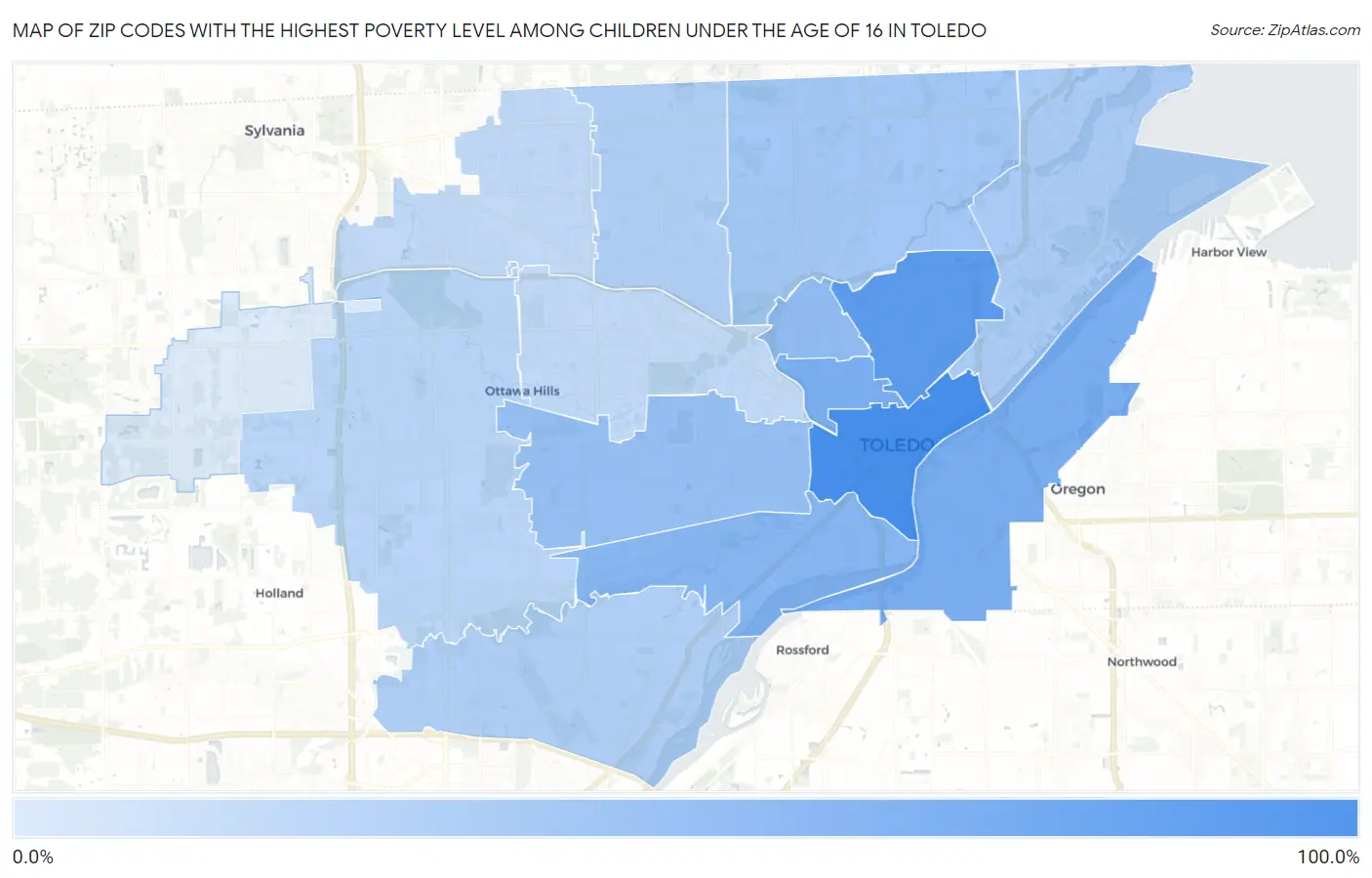 Zip Codes with the Highest Poverty Level Among Children Under the Age of 16 in Toledo Map